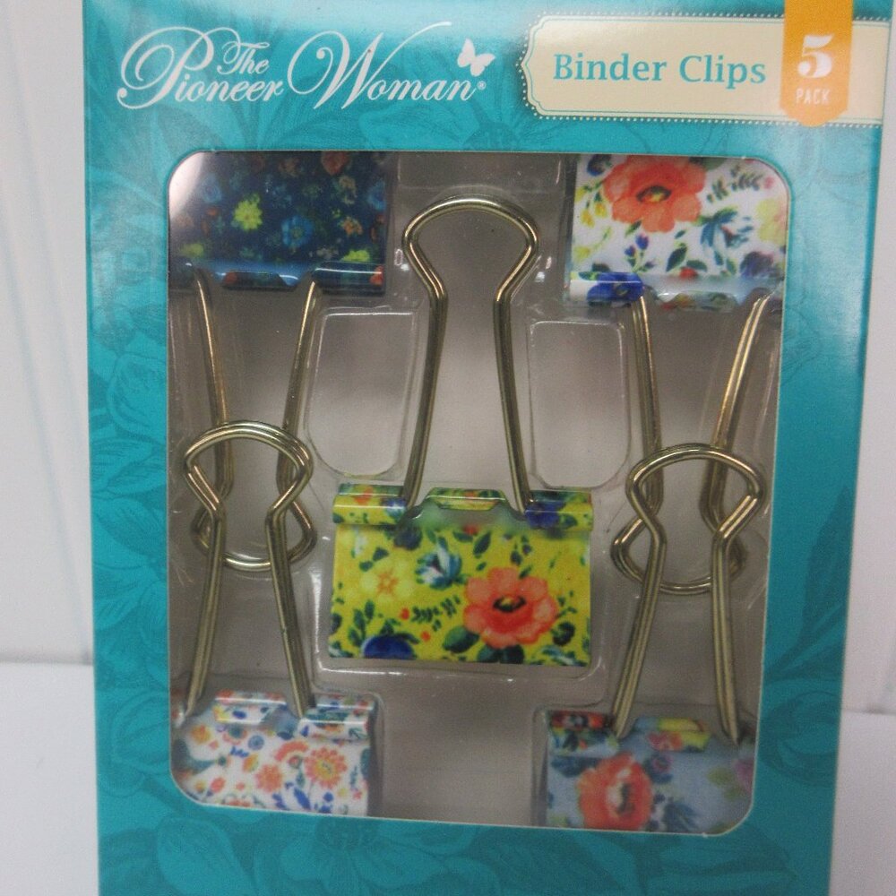 Pioneer Woman Metal Binder Clips Multicolor Floral 5ct Gold Handle 1.25in New